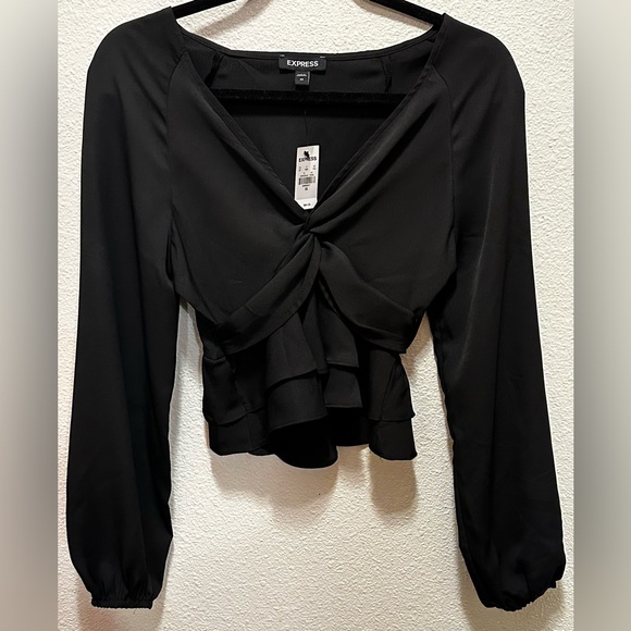 Express Black Twist Front Ruffled Long Sleeve Blouse, NEW - Picture 2 of 4